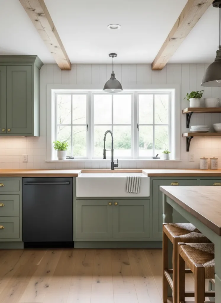 Farmhouse Sink with Black Faucet and Appliances