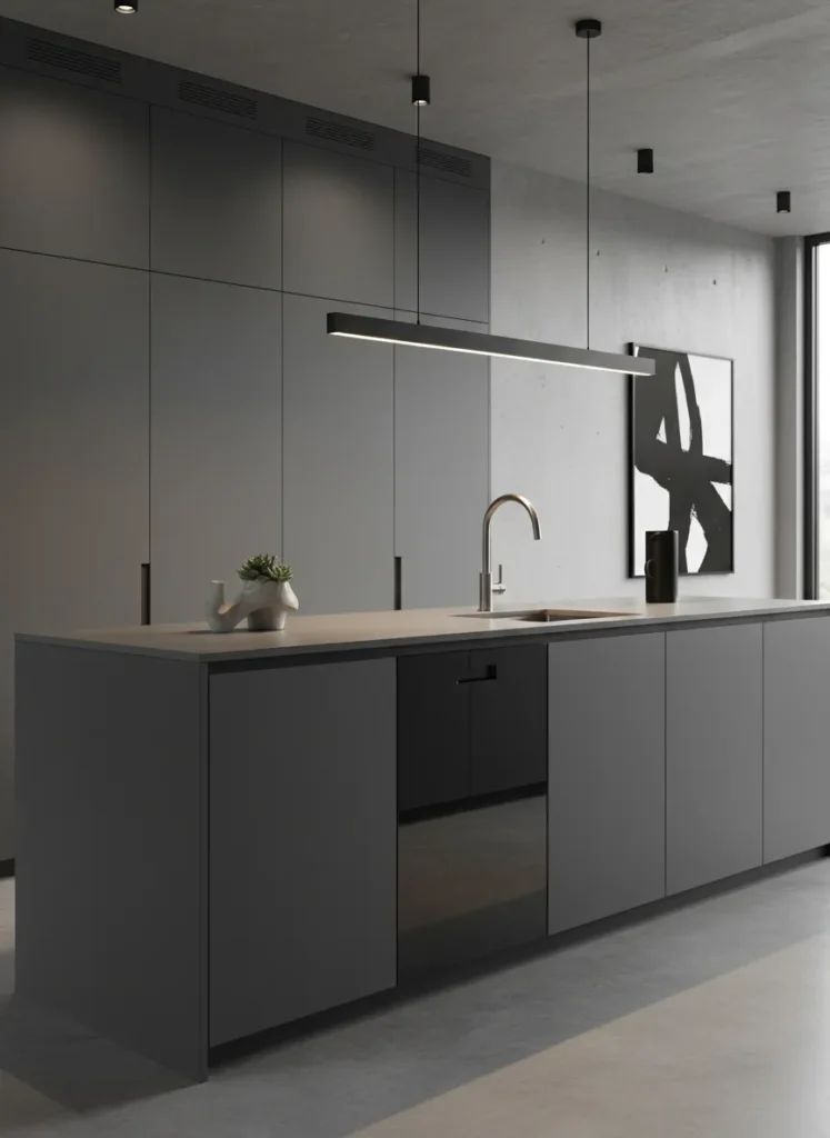 Glossy Black Dishwasher in a Grey Kitchen
