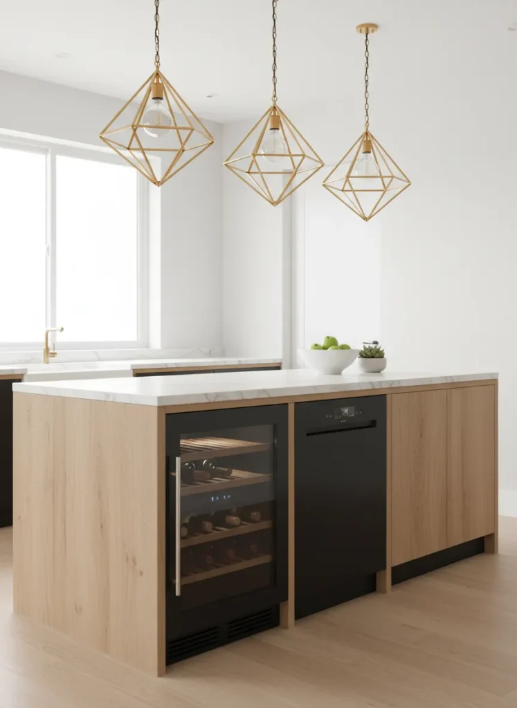 Gold Pendant Lights over Black Island Appliances
