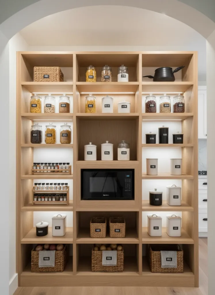 Hidden Black Microwave in Pantry Shelving
