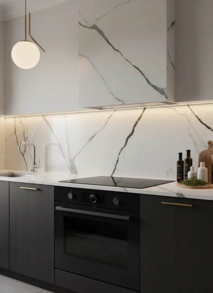 Marble Backsplash with Dark Appliances