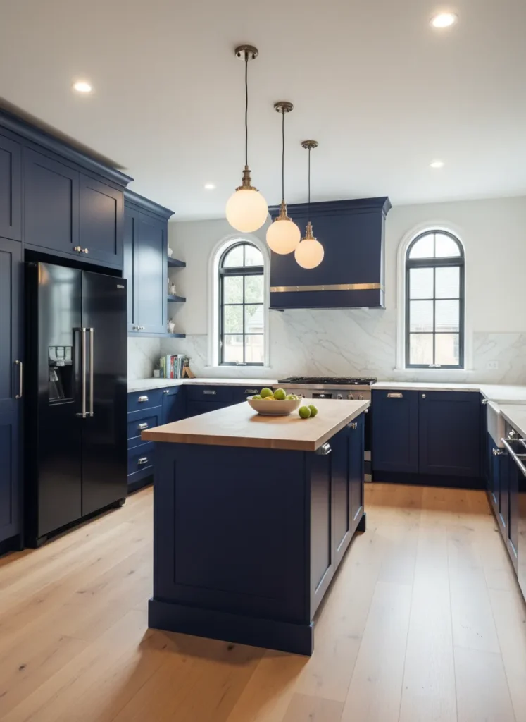 Navy Blue Cabinets with Black Fridge