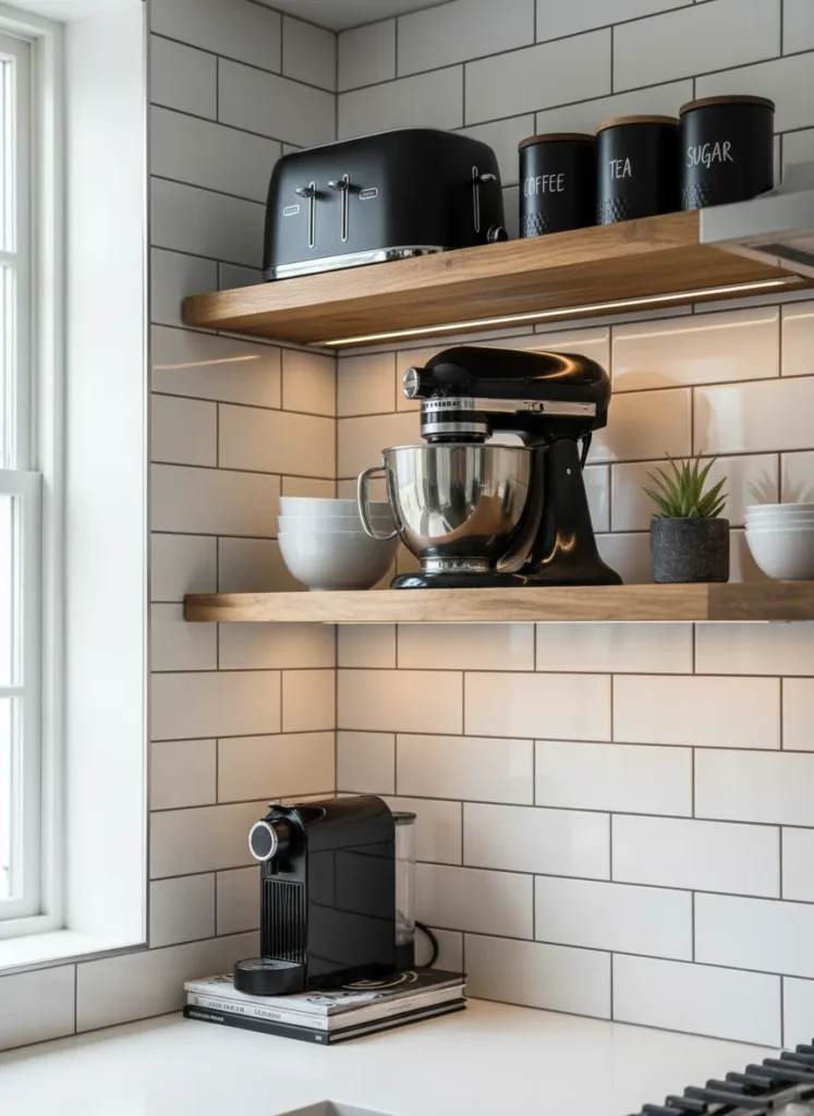 Open Shelving with Black Small Appliances