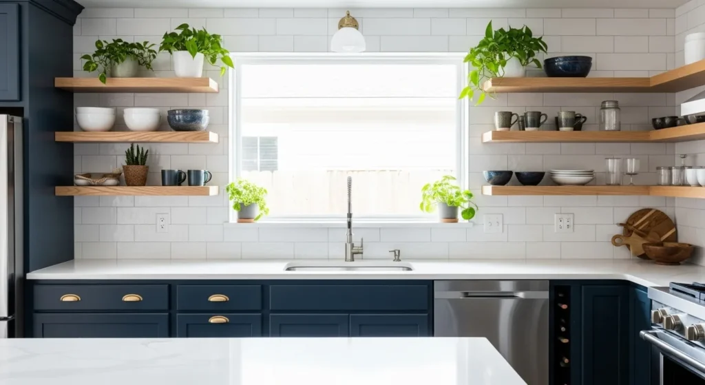 Dark Blue Lowers with Open Shelving