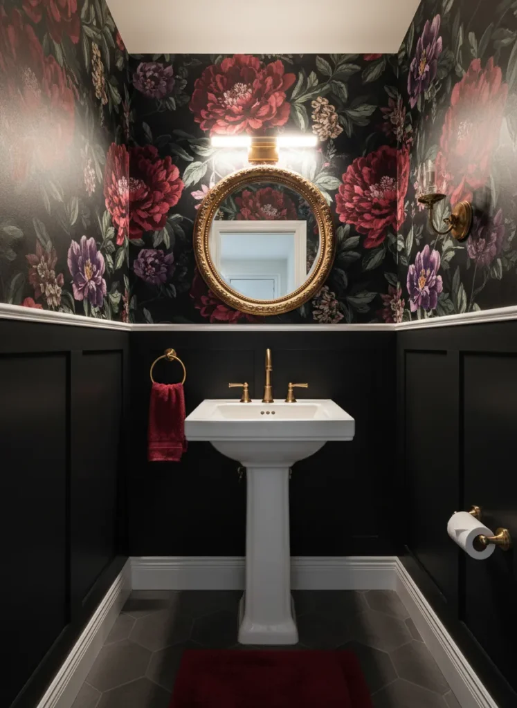 Dark Floral Wallpaper Paired with Black Wainscoting
