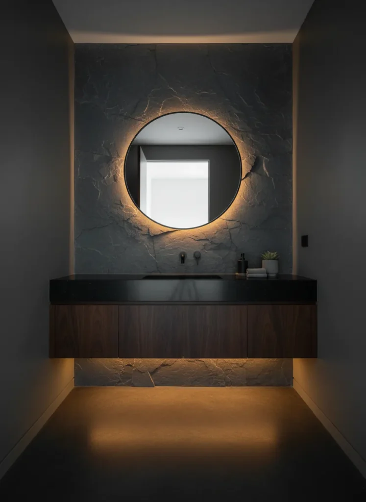Raw Stone Walls and Dark Wood Vanity
