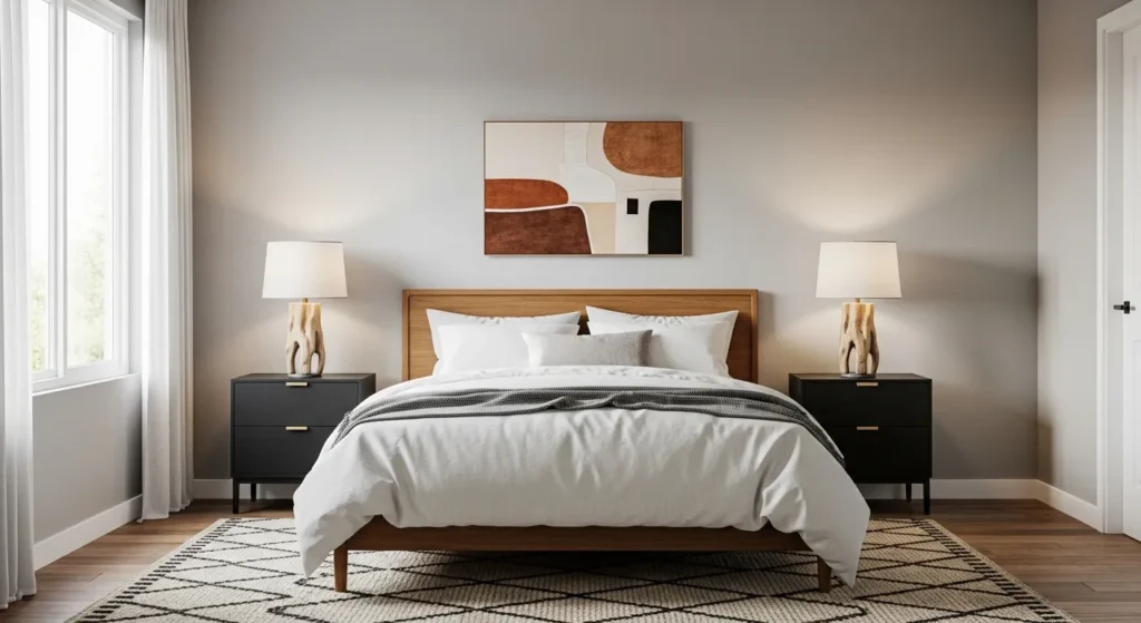 Black Nightstands and Wood Lamps