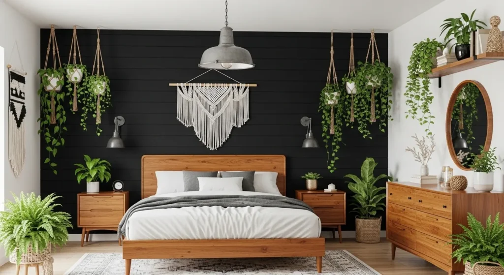 Black Shiplap Feature Wall with Plants