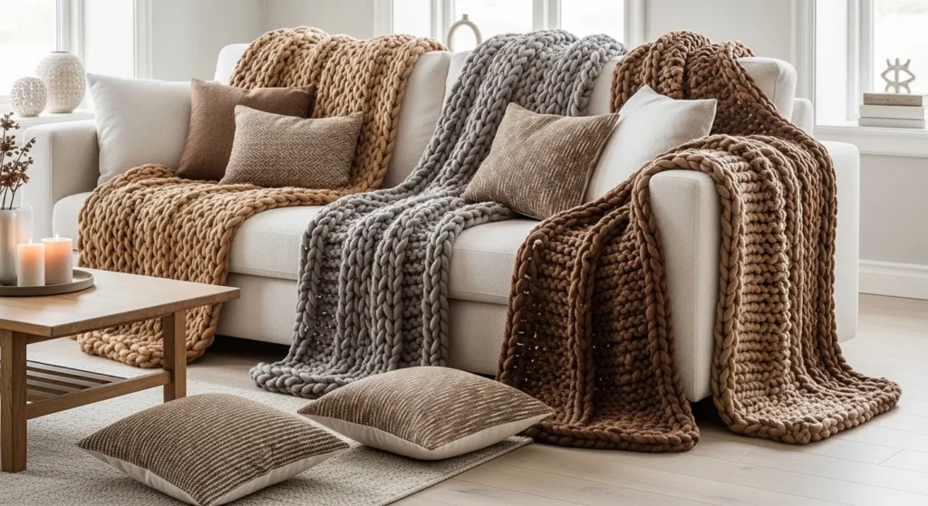 Cream Sofa with Brown Throws