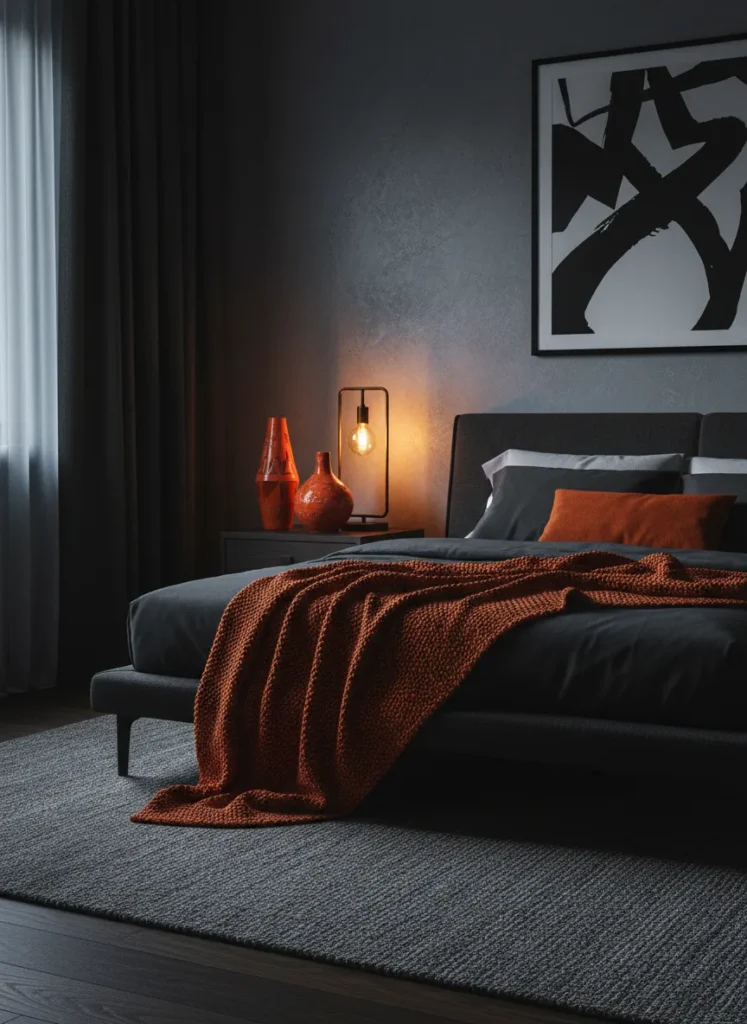 Dark Moody Walls with Orange Decor