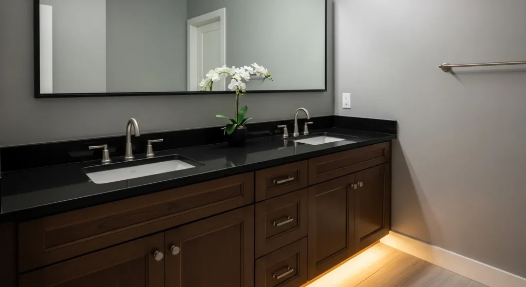 Dark Wood Vanity with Black Countertop