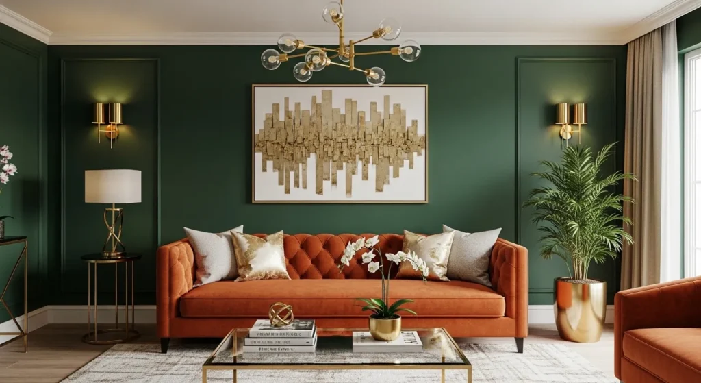 Emerald Walls and Velvet Orange Sofas