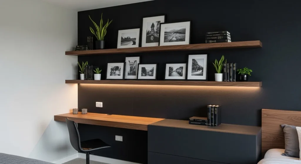 Floating Wood Shelves on Black