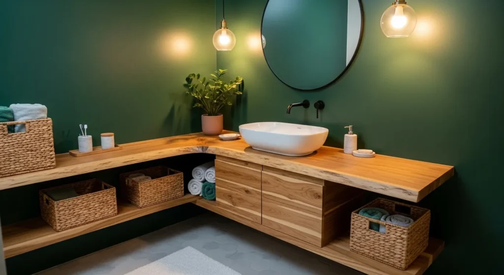Forest Green Walls with Wood Vanity