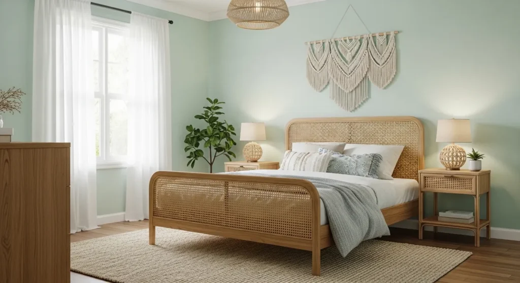Mint Green Walls with Rattan Furniture