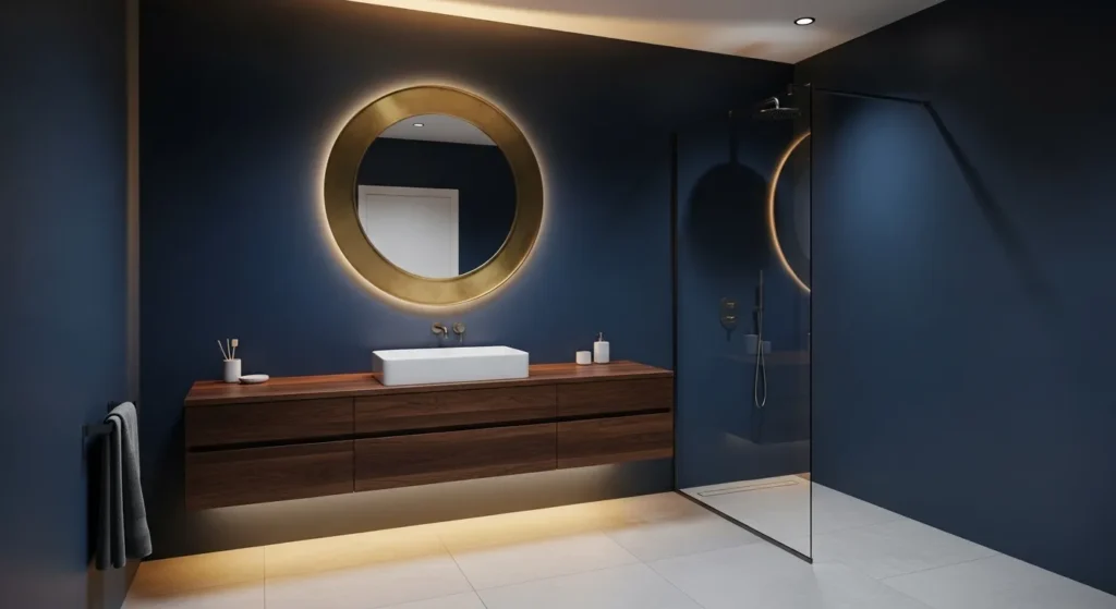 Moody Blue Bathroom with Brass Mirror