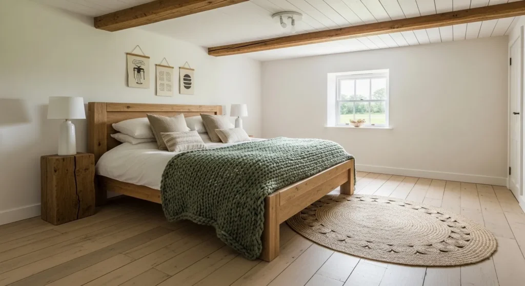 Rustic Wood Beams and Mossy Textiles