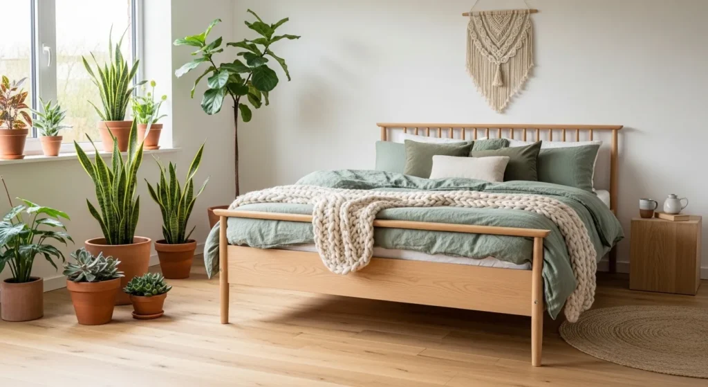 Sage Green Bedding with Light Oak