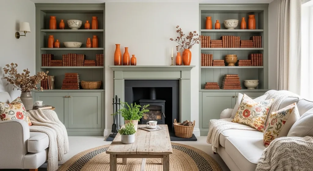 Sage Green Cabinets and Orange Decor