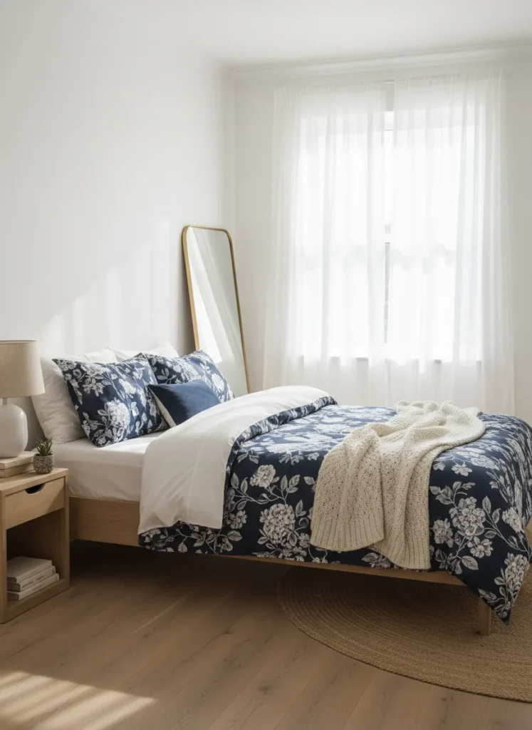 Crisp White Walls and Navy Blue Florals