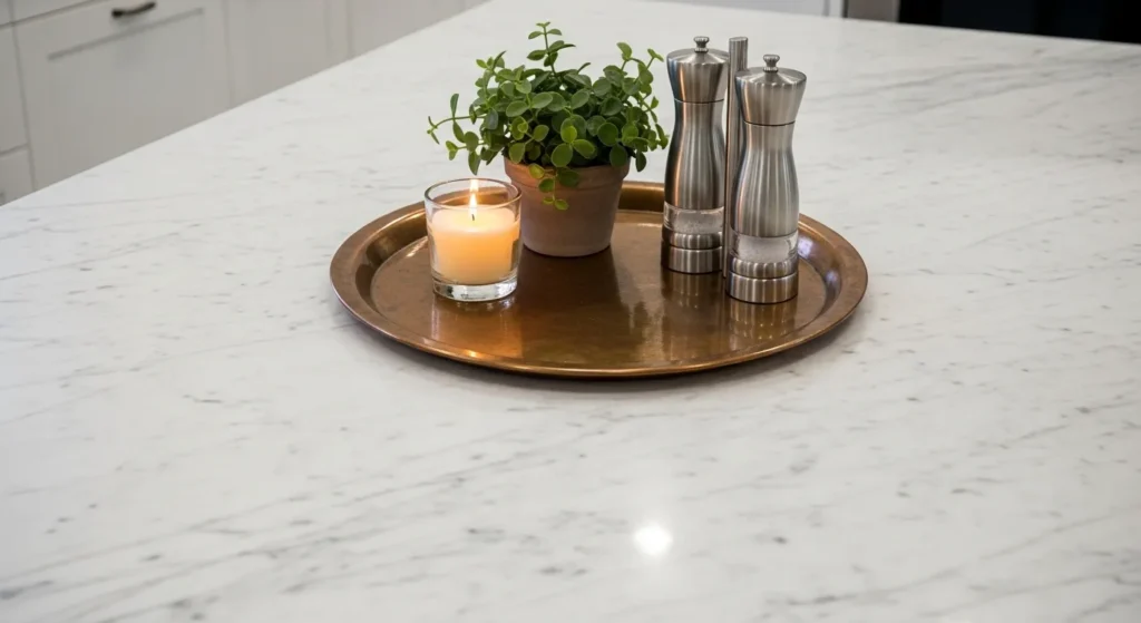 Display Decor on a Round Copper Serving Tray