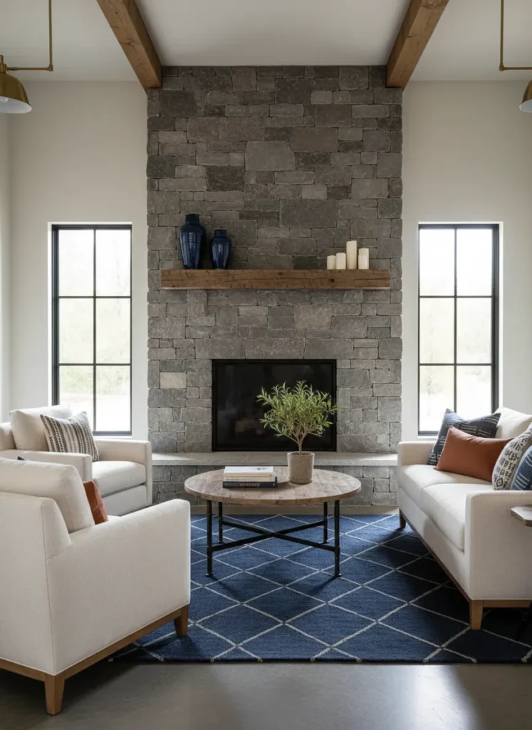 Grey Stone Fireplace with Navy Decor