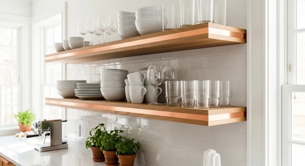 Highlight Open Shelving with Copper Trim