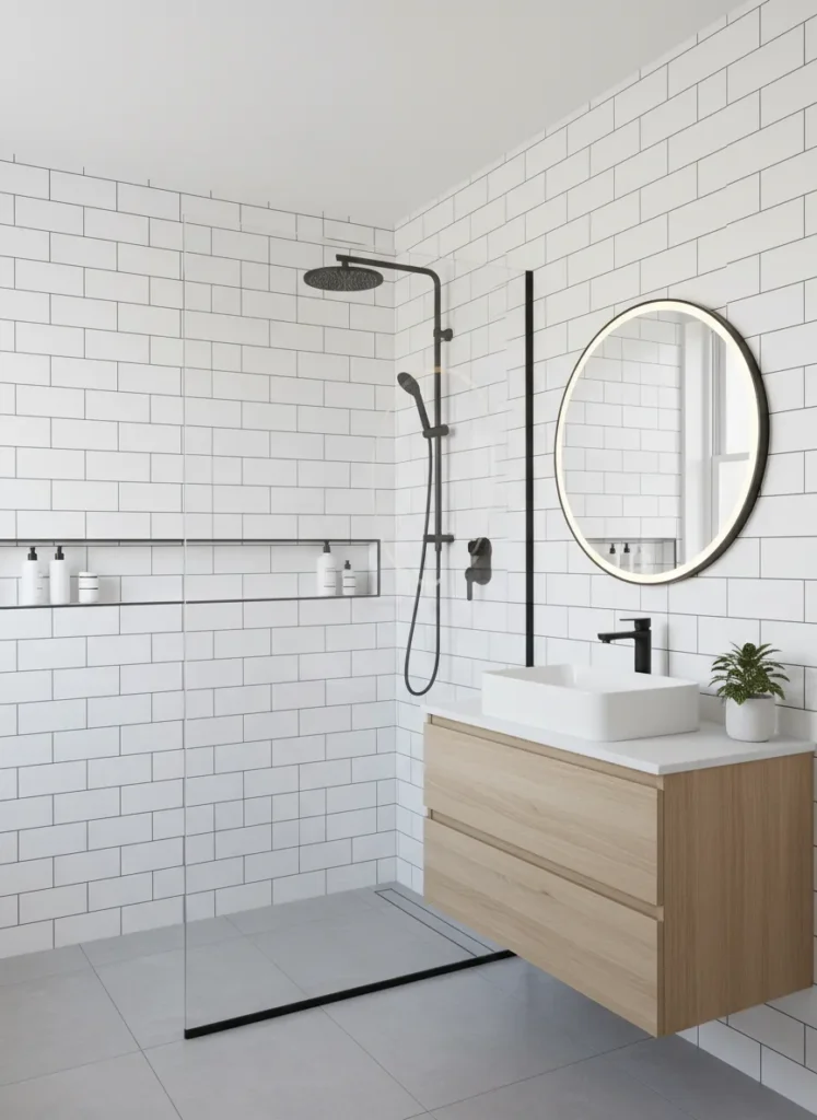 Matte Black Fixtures on White Subway Tile