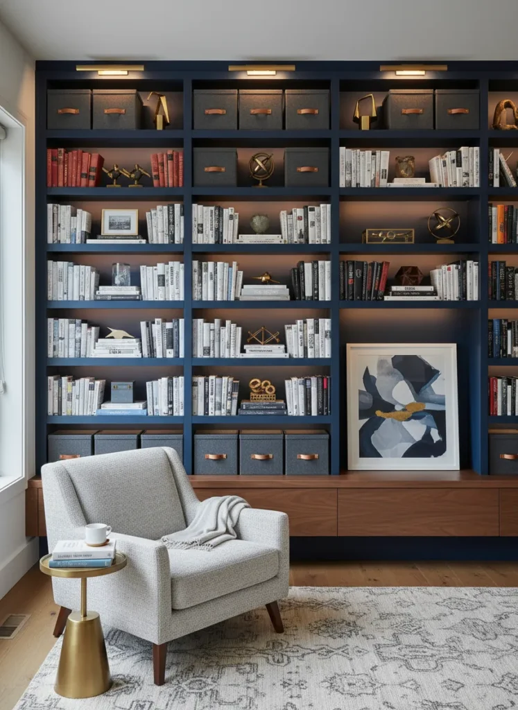 Navy Built-in Bookshelves