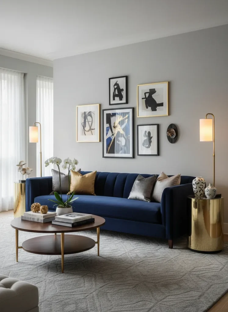 Plush Navy Velvet Sofa Centerpiece