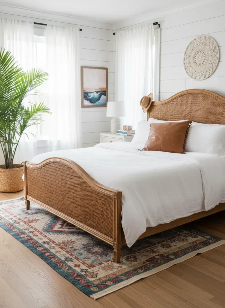 Rattan Bedframe with Leather Accents