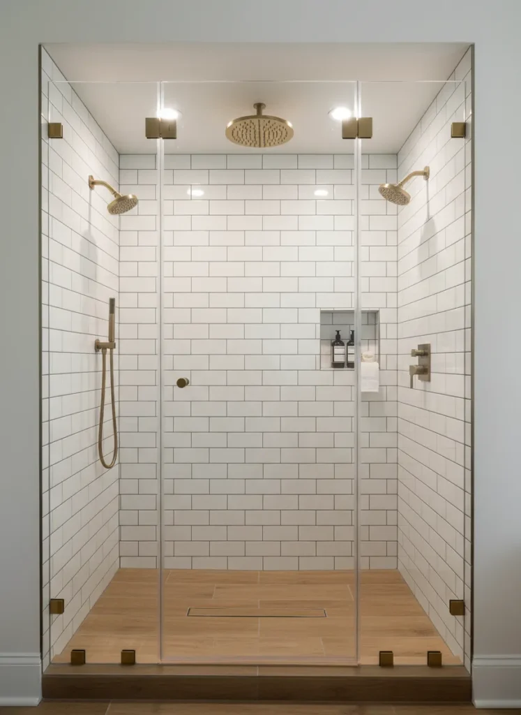 Seamless Glass and Brass Shower Enclosure