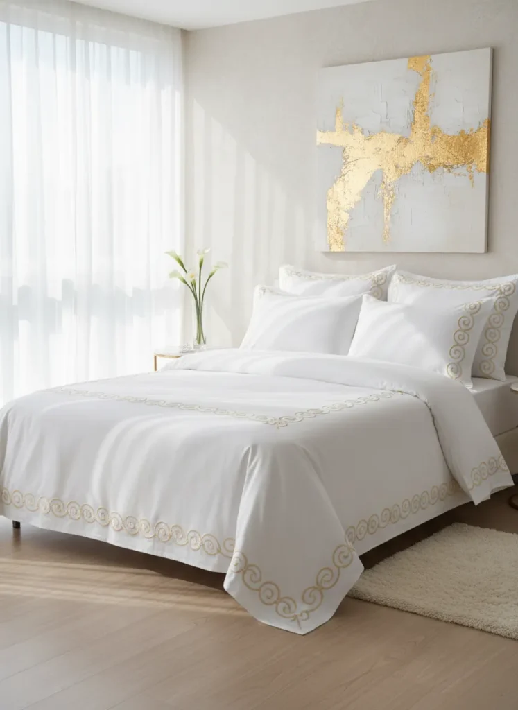 White Bedding with Gold Embroidery