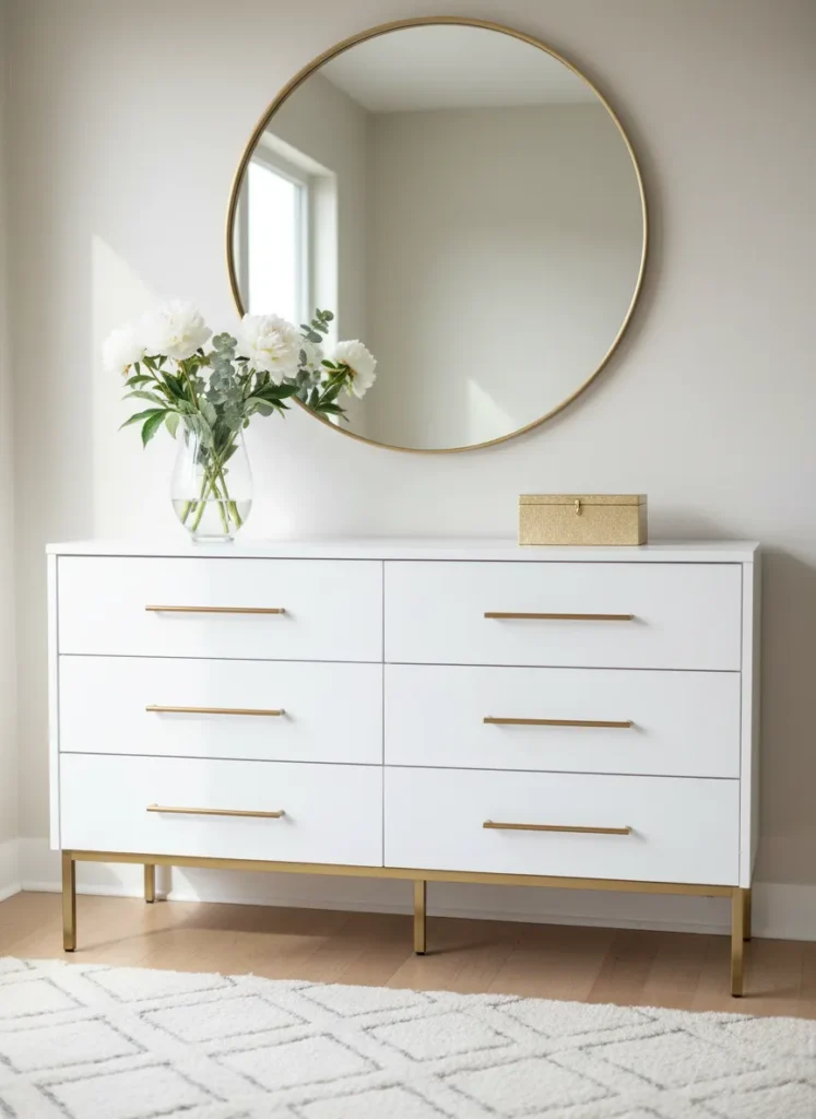 White Dresser with Brass Gold Accents