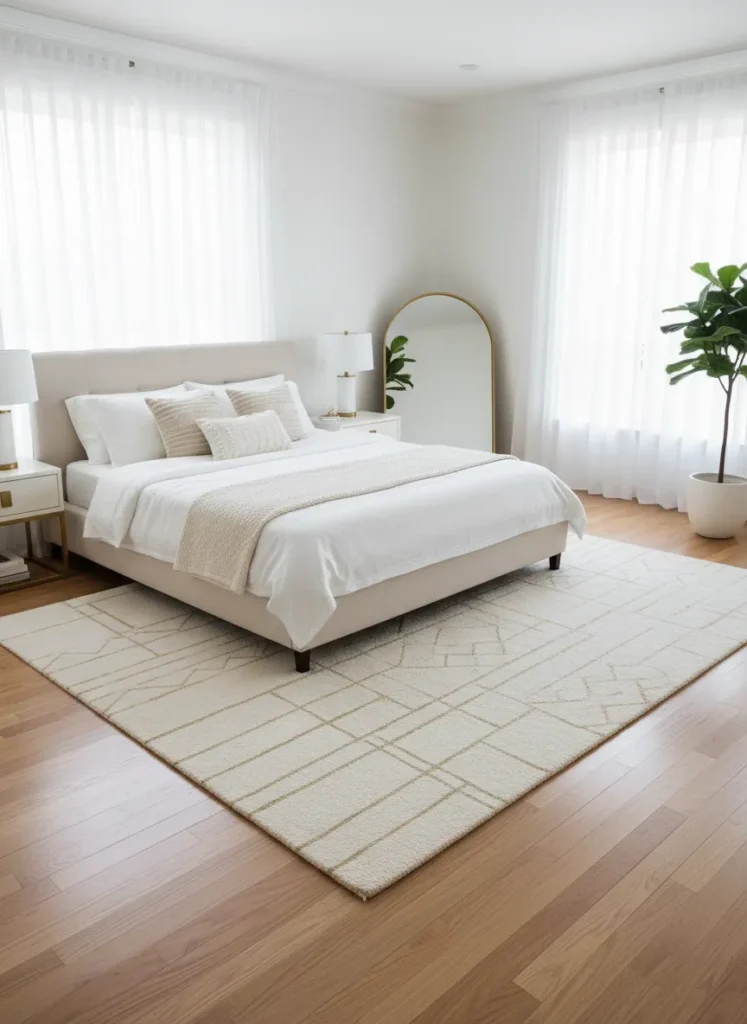 White Fluffy Rug with Gold Geometric Patterns