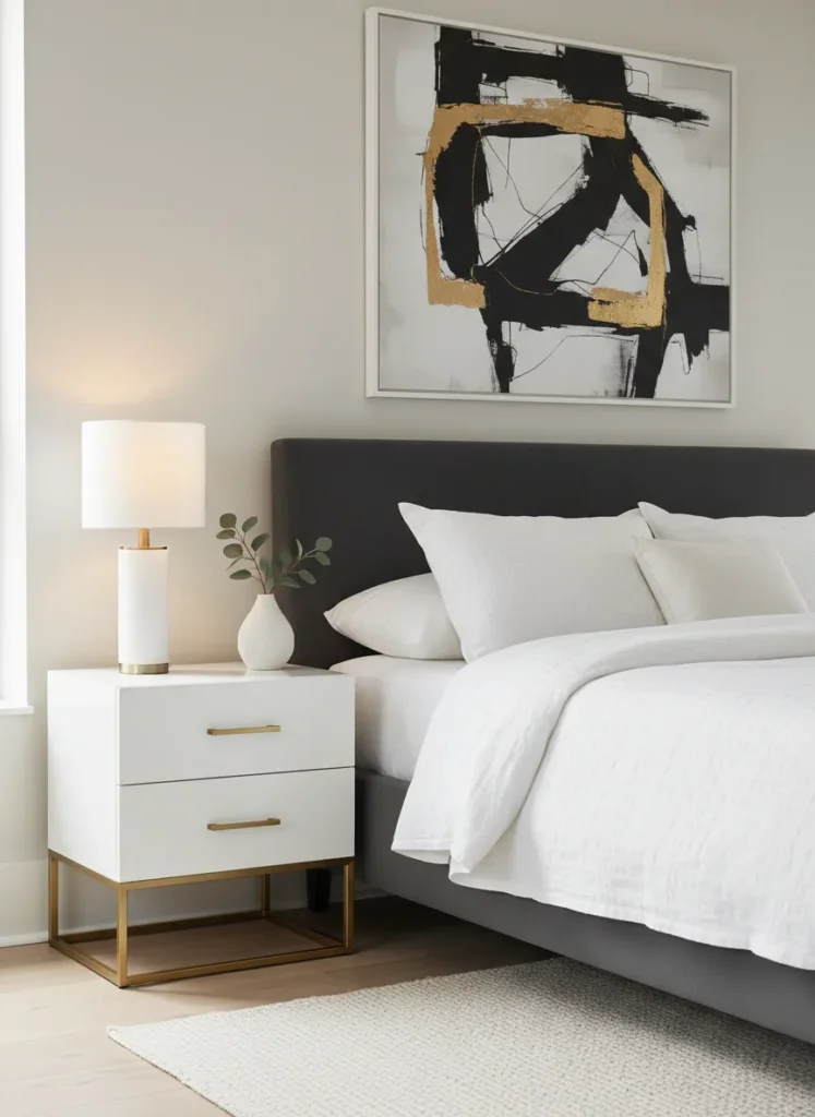 White Nightstands with Gold Hardware