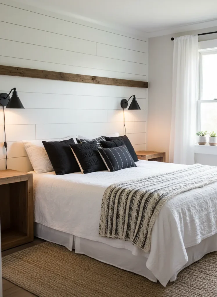 White Shiplap with Black Sconces