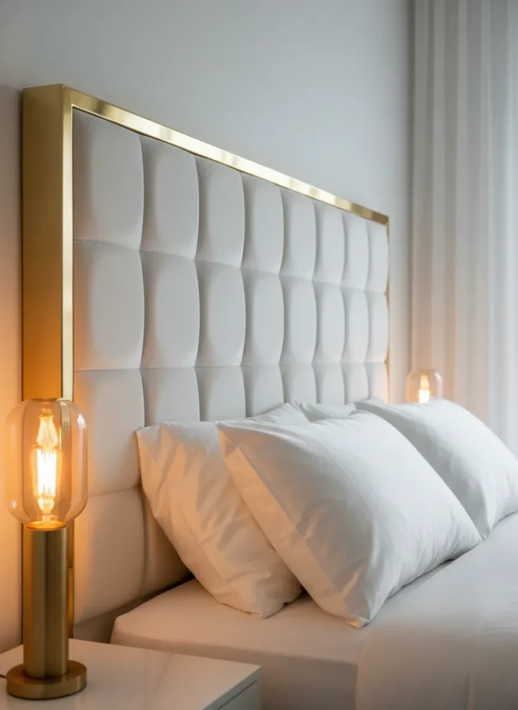 White Tufted Headboard with Gold Trim